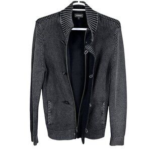 Vintage Express Mens L Black Gray Ribbed Knit Jacket Heavyweight Sweater Preppy